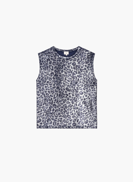 T-shirt smanicata animalier metallizzata blu navy