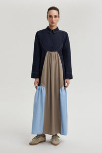 Abito lungo colour block con colletto in misto cotone