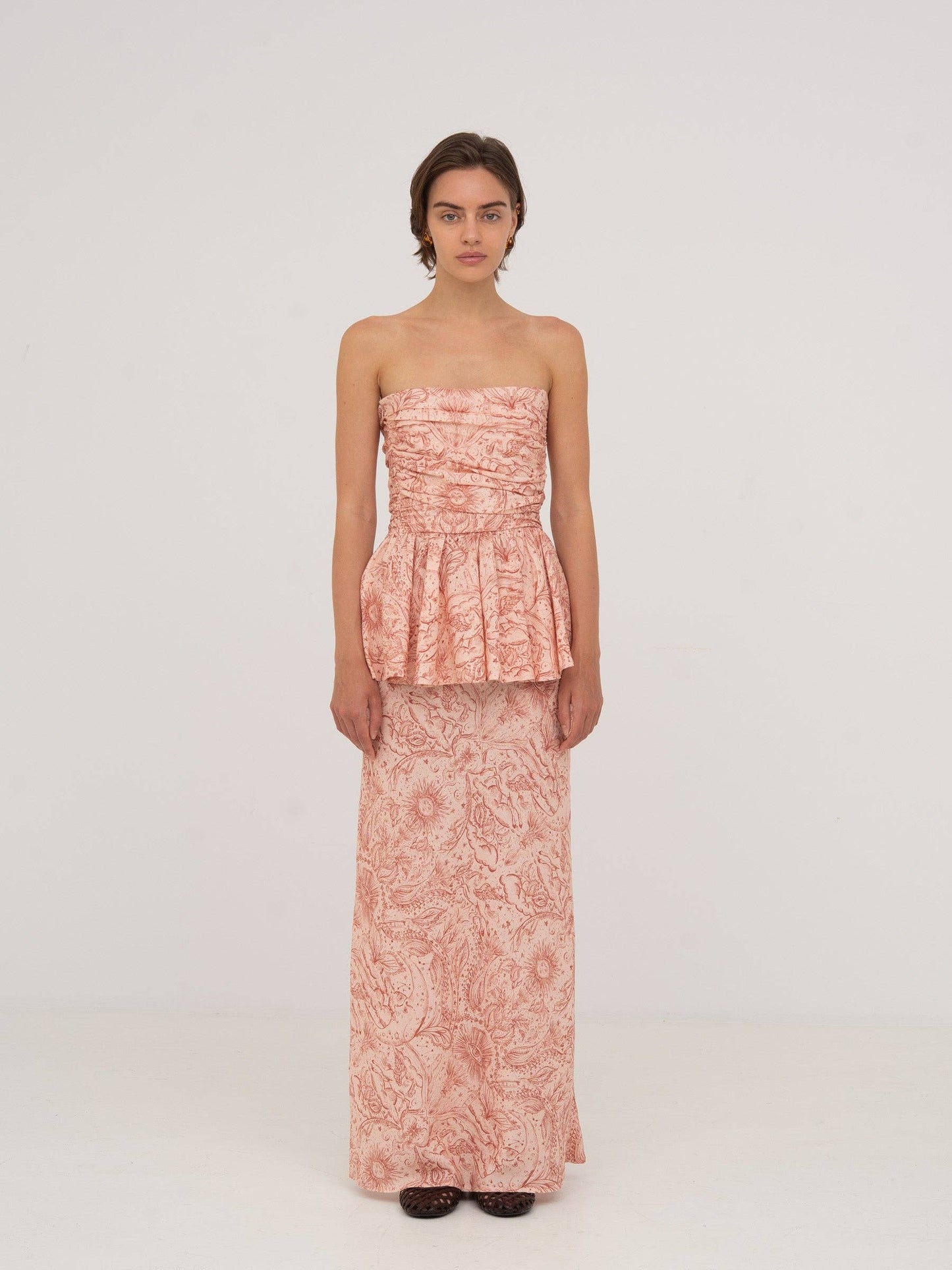 Gonna lunga rosa con stampa sistema solare Sophia
