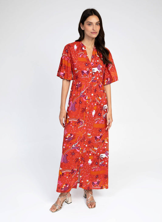 Abito lungo rosso con stampa circus