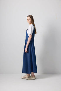 Abito maxi salopette plissé effetto denim