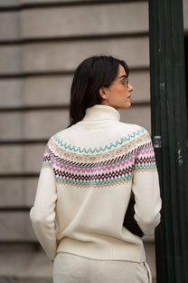 Maglione beige jacquard multicolore a collo alto