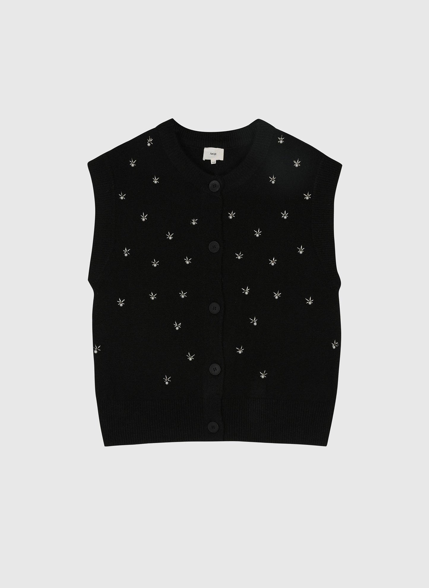 Cardigan smanicato Nolwen nero con ricamo di perle