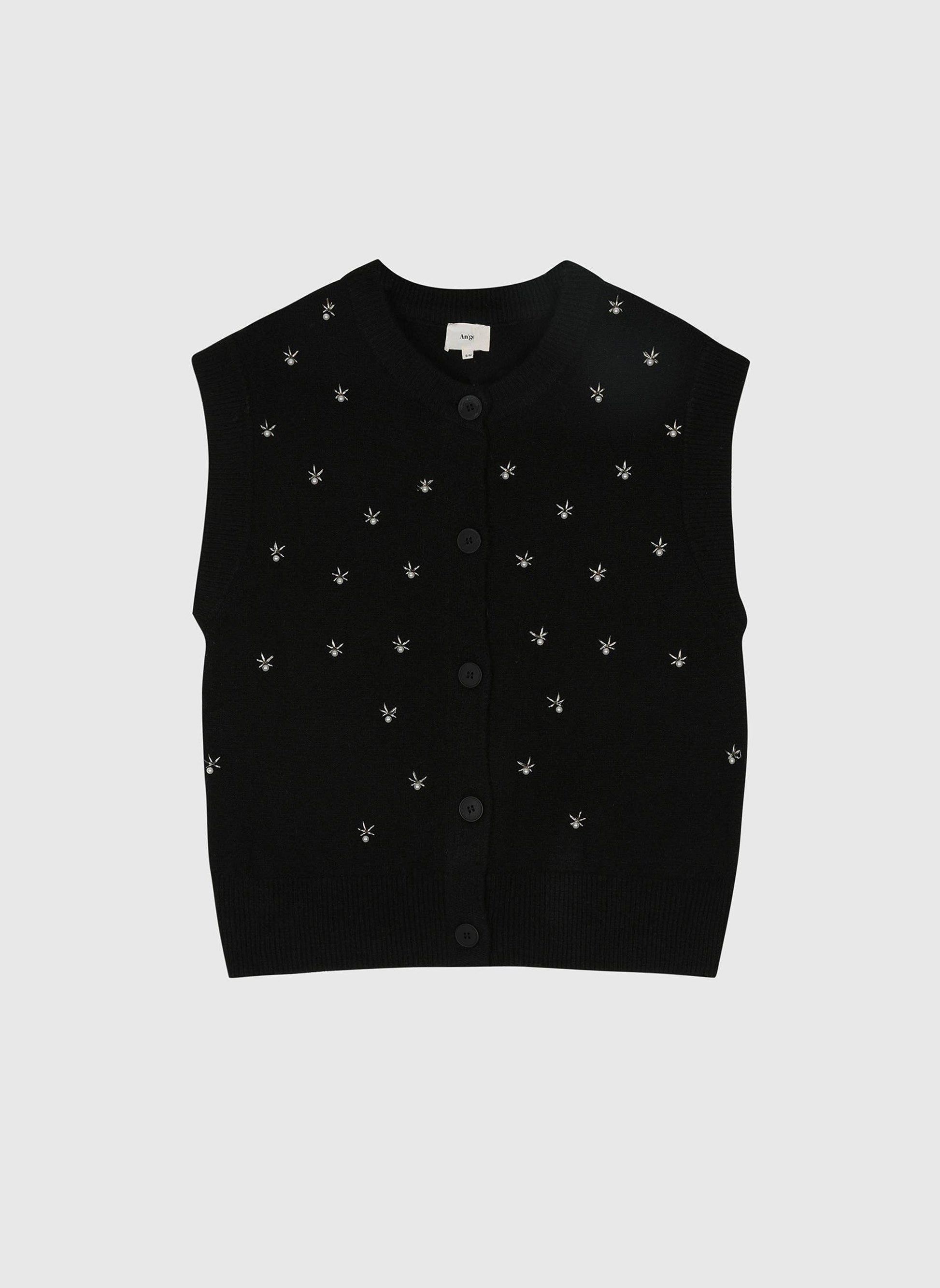 Cardigan smanicato Nolwen nero con ricamo di perle