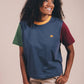 T-shirt donna color block blu con ricamo elefante