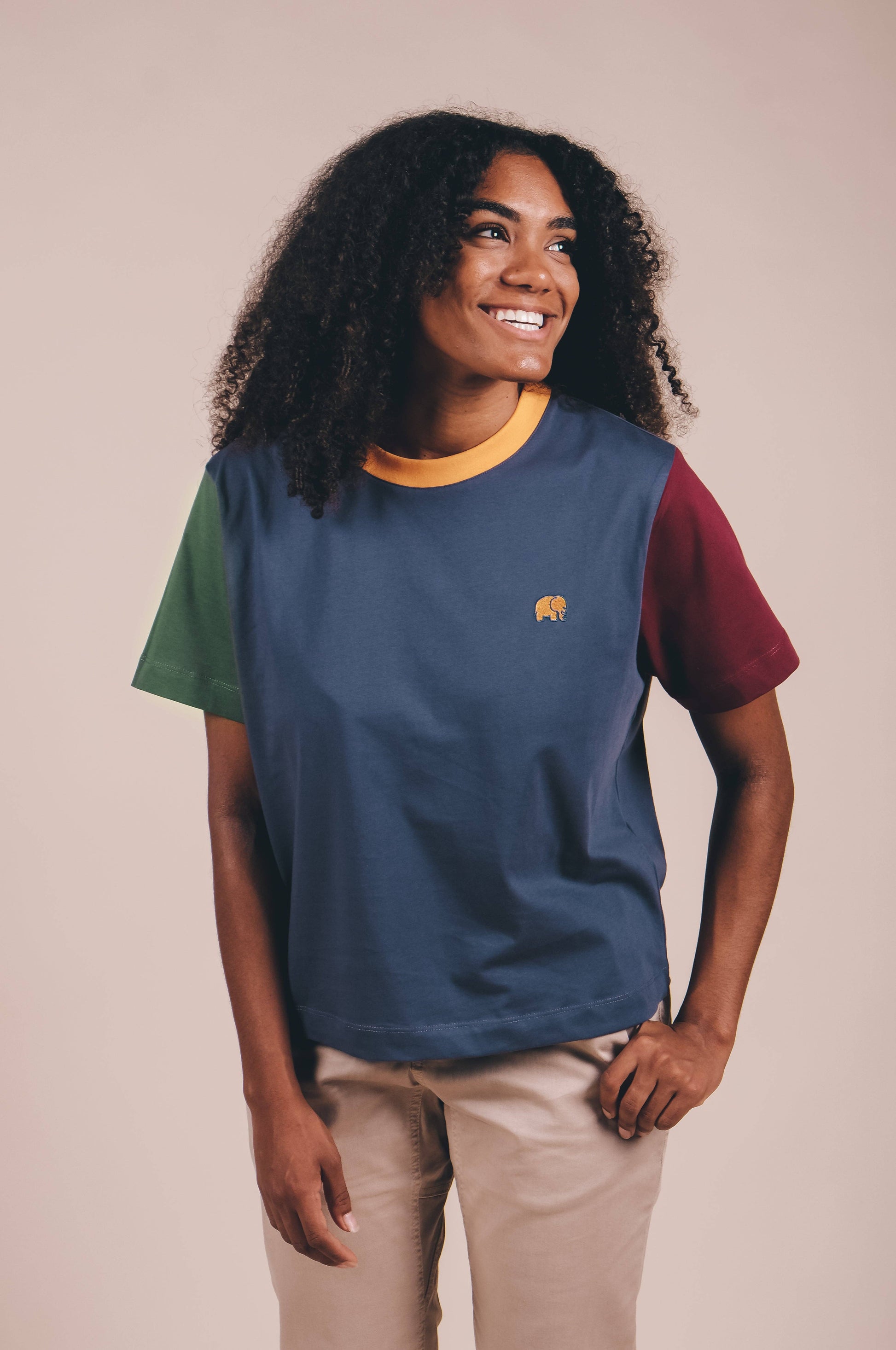 T-shirt donna color block blu con ricamo elefante