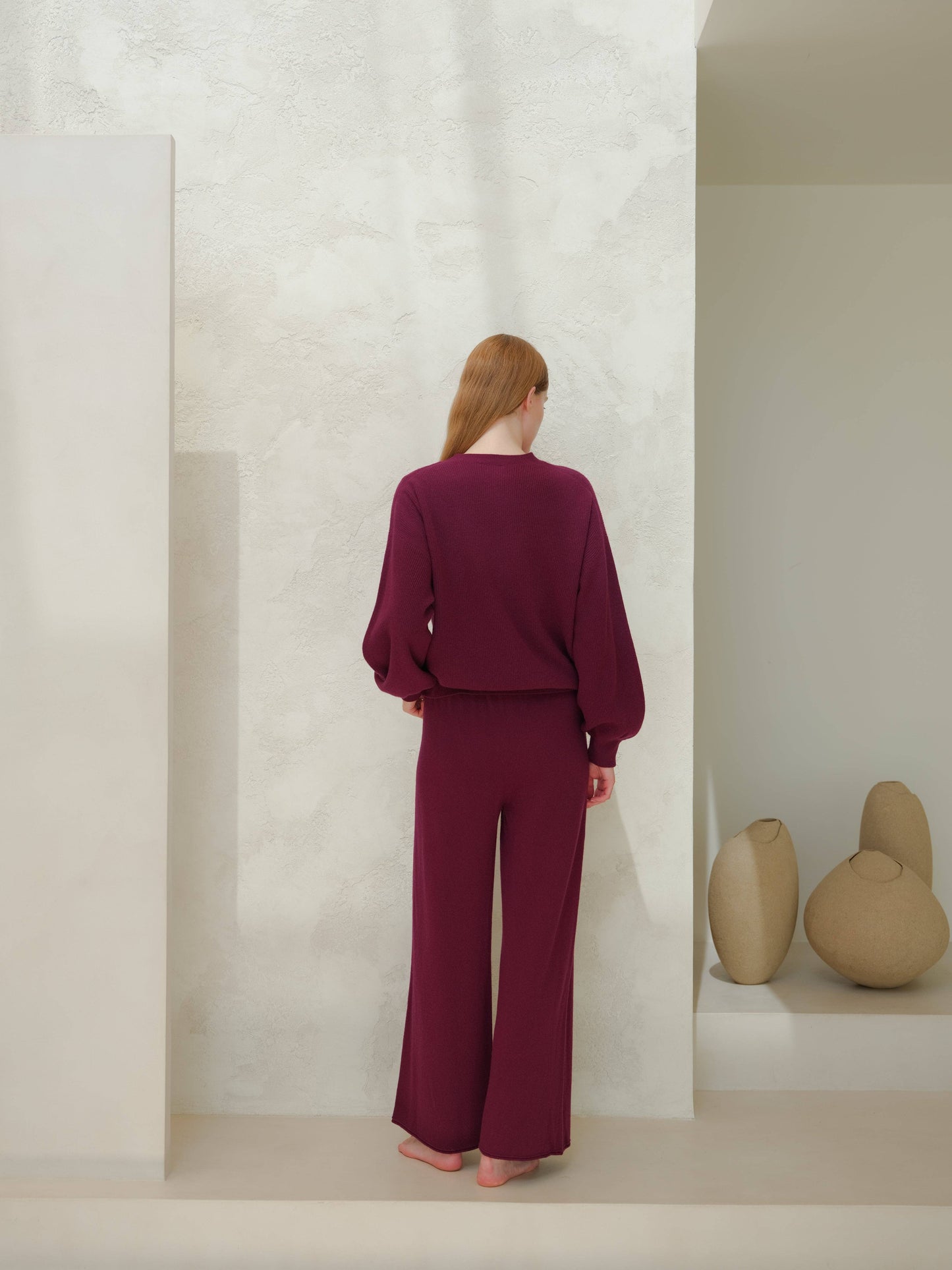 Maglione girocollo a costine in misto cashmere con maniche a palloncino