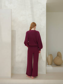 Maglione girocollo a costine in misto cashmere con maniche a palloncino
