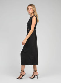 Abito midi aderente nero con drappeggio e bottone gioiello