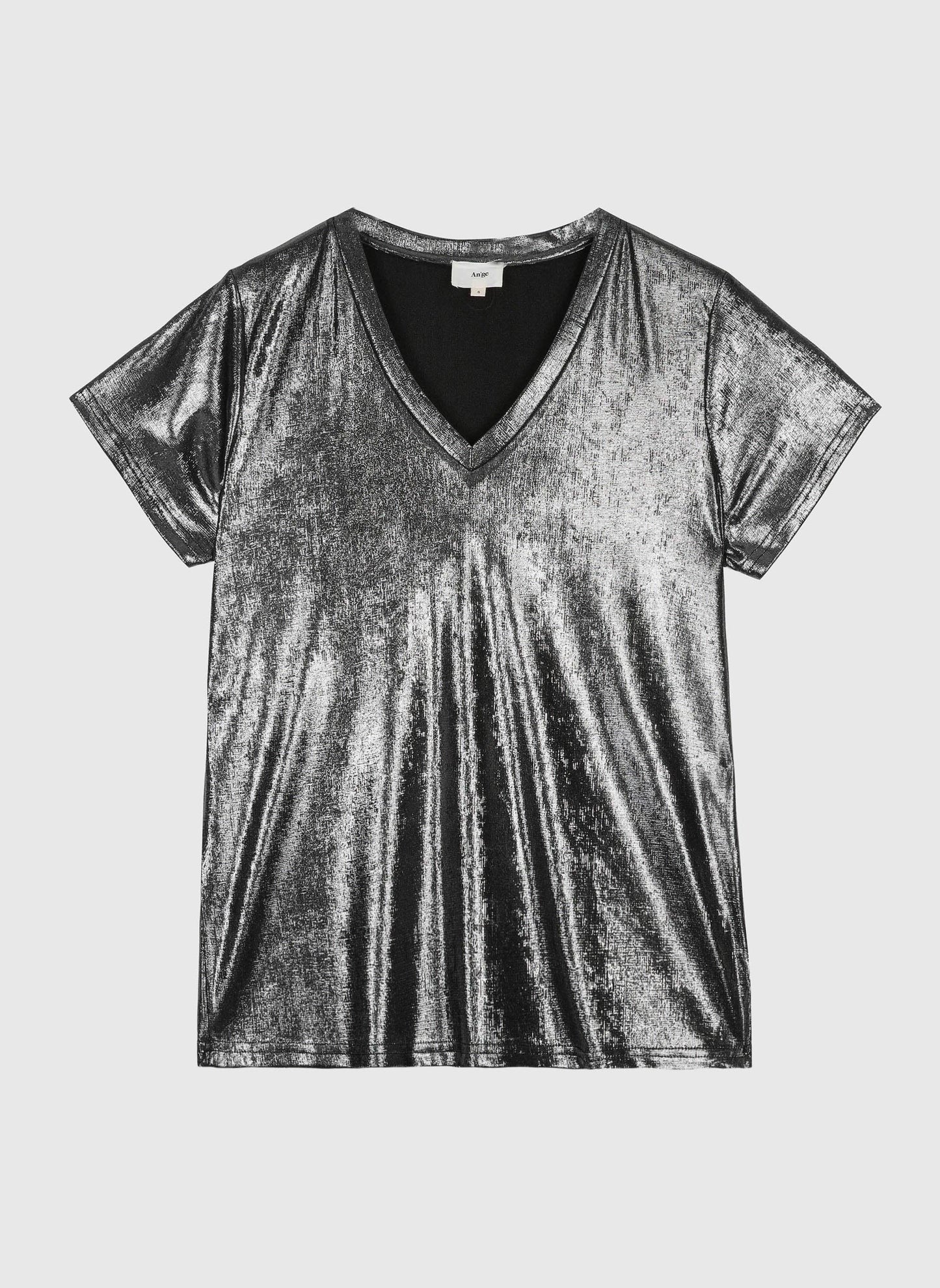 T-shirt metallizzata antracite con scollo a V
