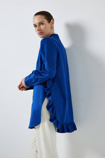 Camicia lunga indaco con orlo a balze