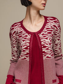 Cardigan donna in maglia jacquard animalier bicolore