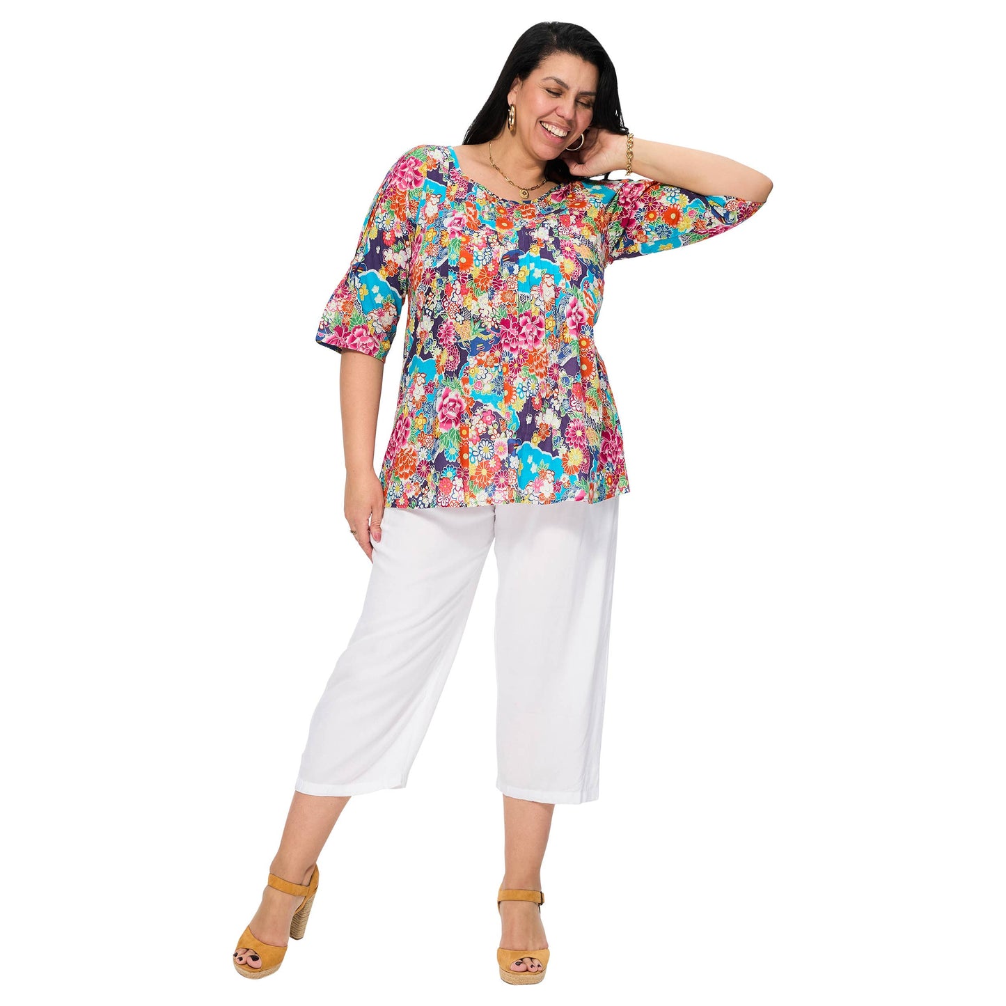 Camicetta estiva floreale multicolore con maniche 3/4
