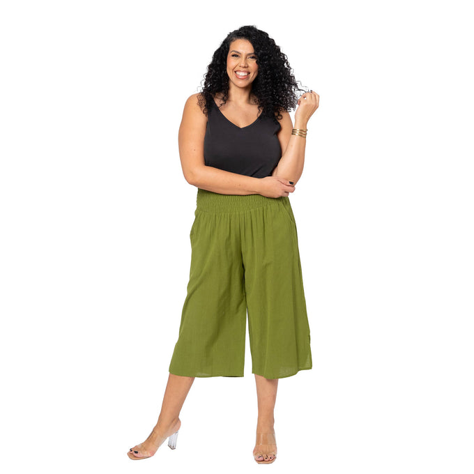 Pantaloni culotte estivi in lino plus size verdi da donna