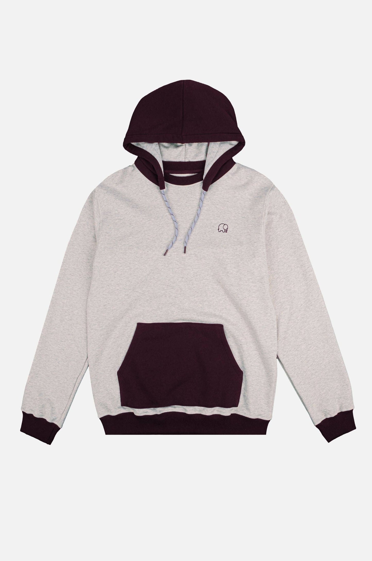 Felpa oversize con cappuccio calda bicolor grigio mélange e bordeaux