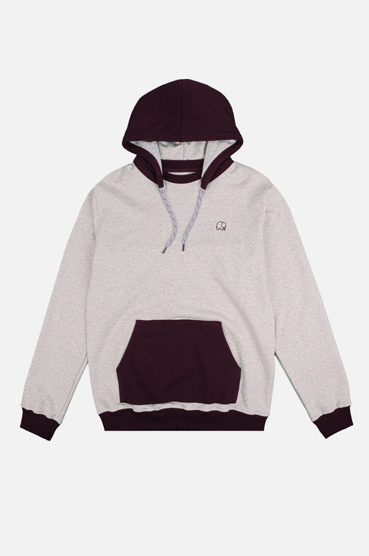 Felpa oversize con cappuccio calda bicolor grigio mélange e bordeaux