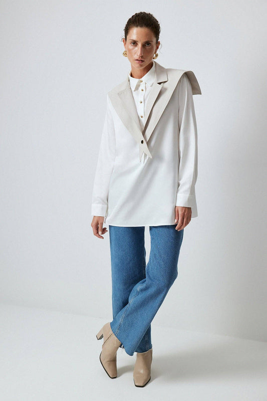 Camicia in popeline bicolor con maxi colletto e dettaglio a falda