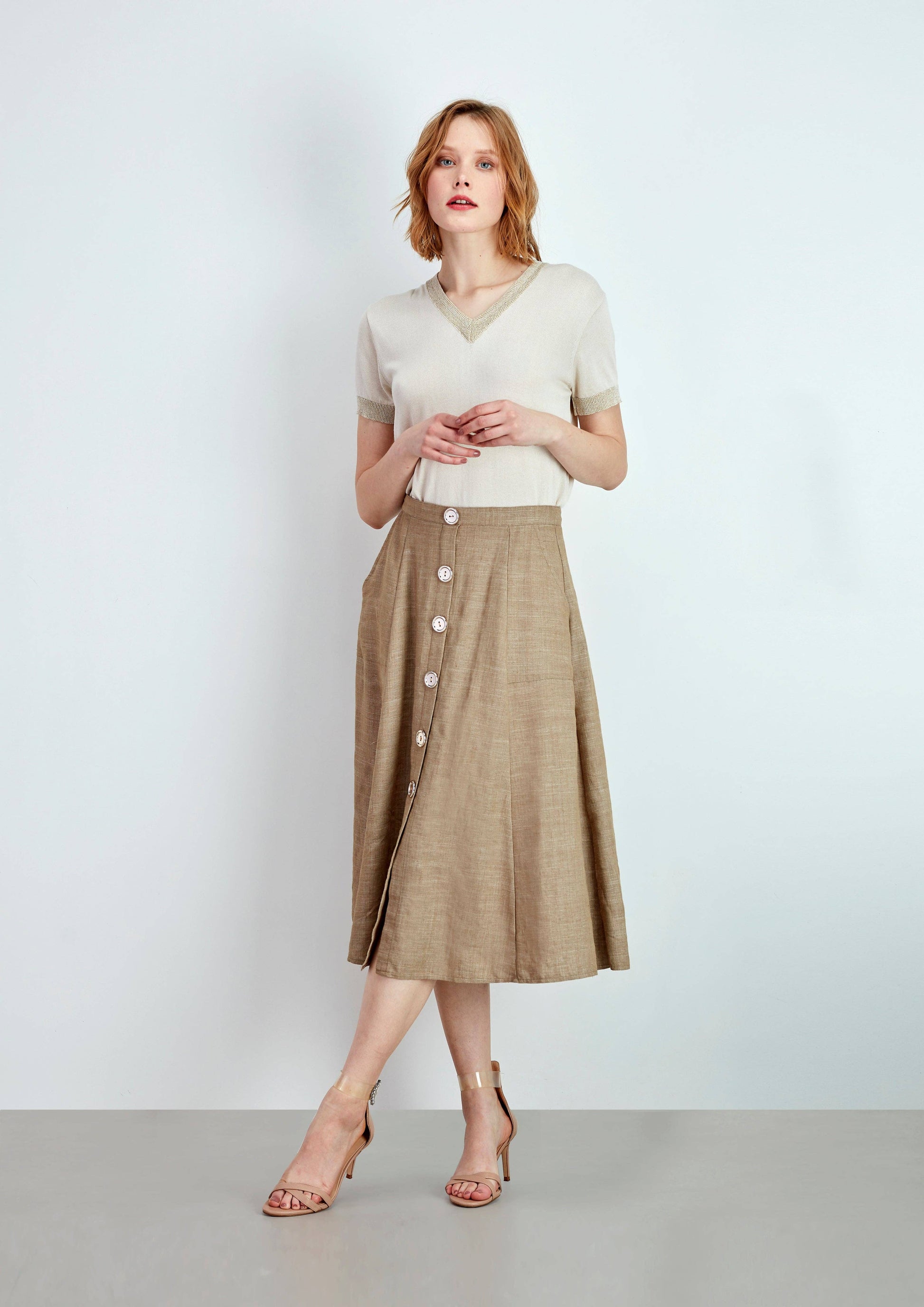 Gonna midi in misto lino con bottoni