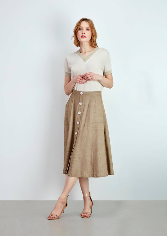Gonna midi in misto lino con bottoni
