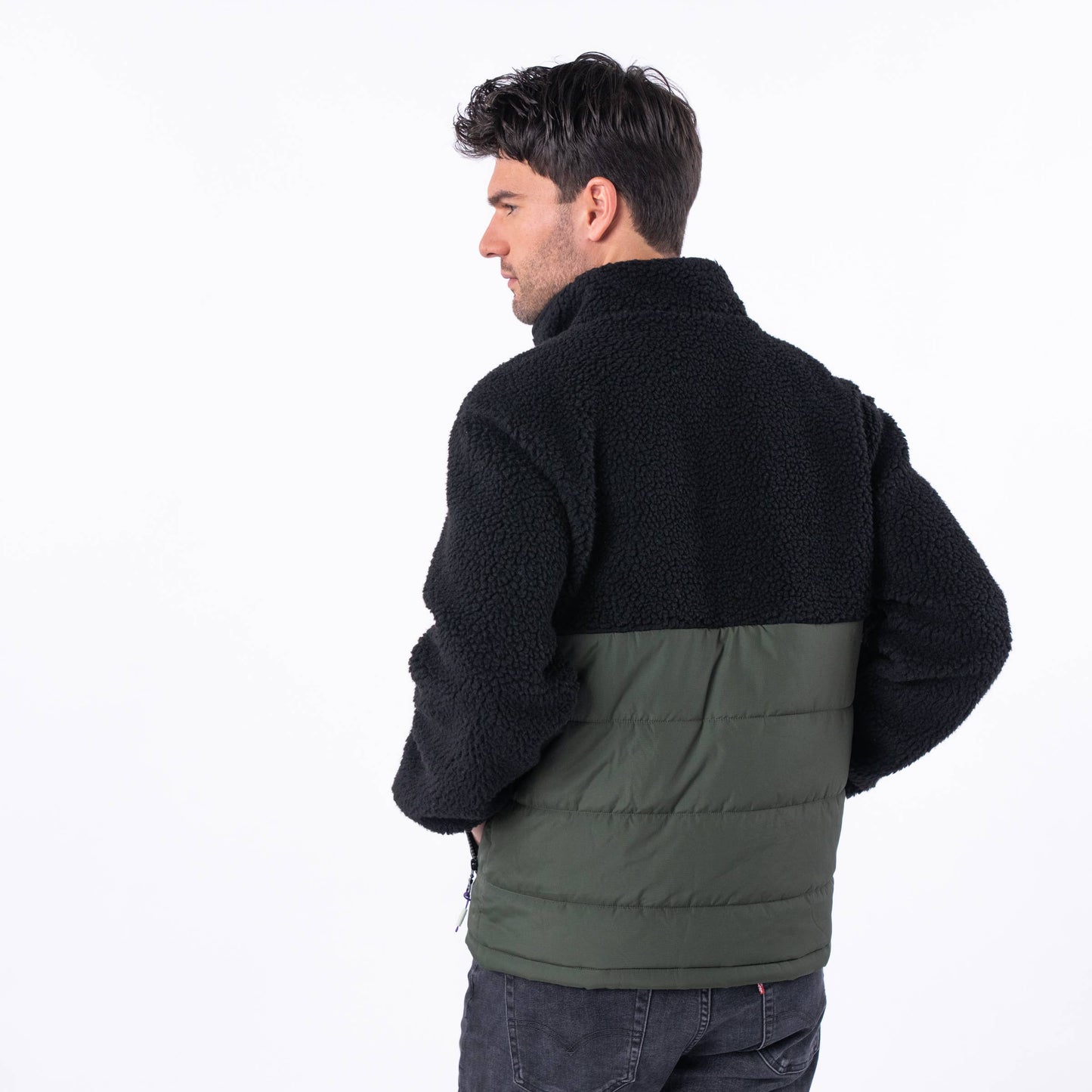 Giacca sherpa bicolore nera e verde