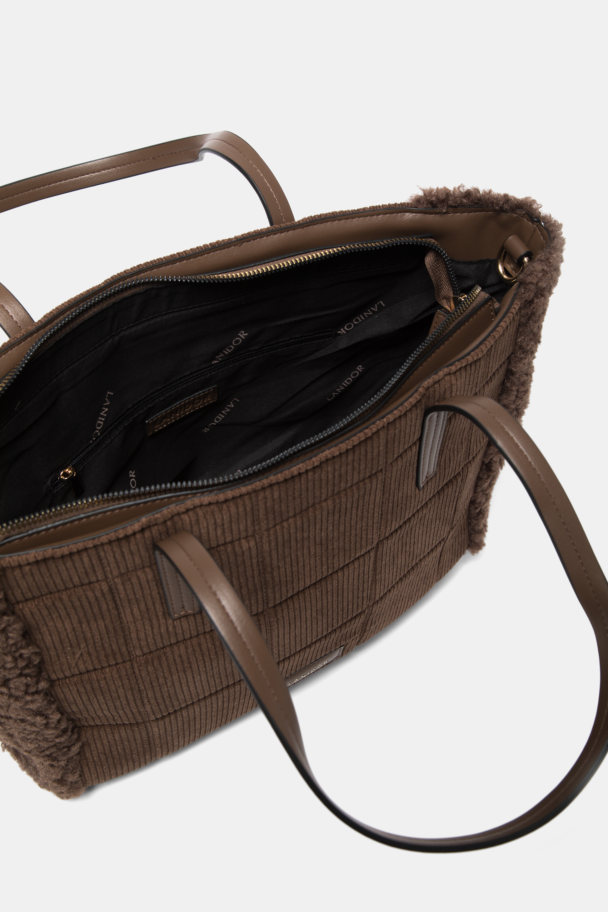 Borsa tote in velluto a coste con inserti in eco pelliccia