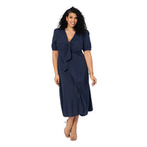 Abito lungo estivo plus size in cotone e lino blu navy