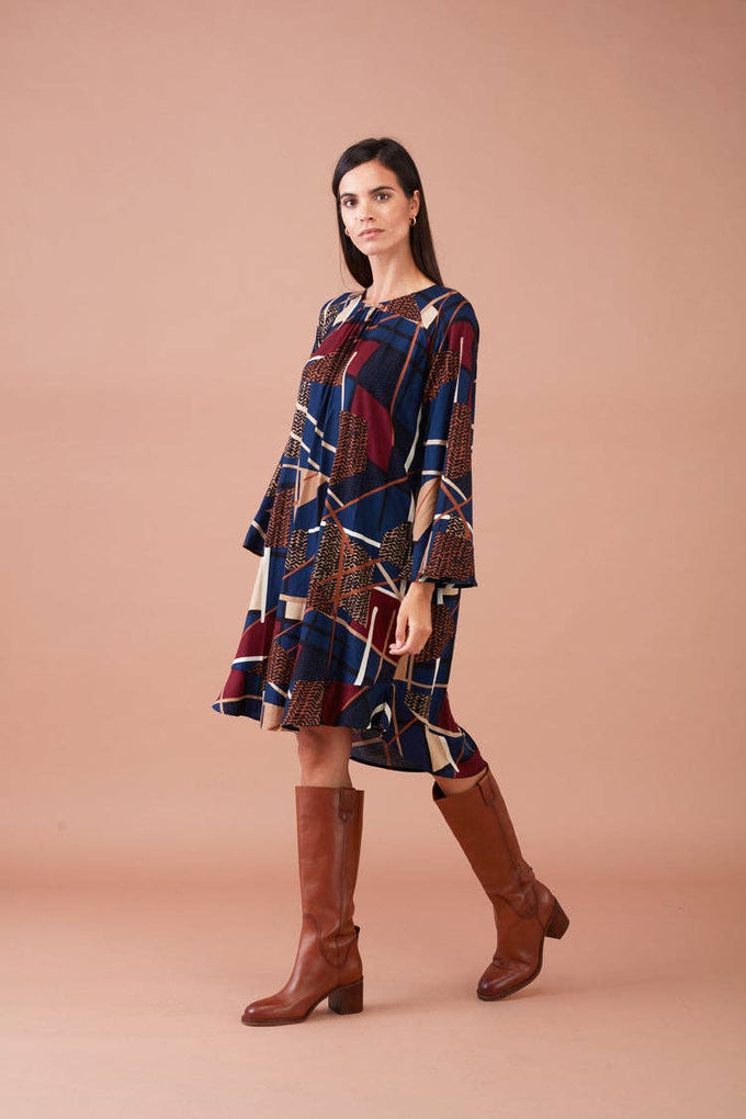Vestito corto fluido con stampa geometrica