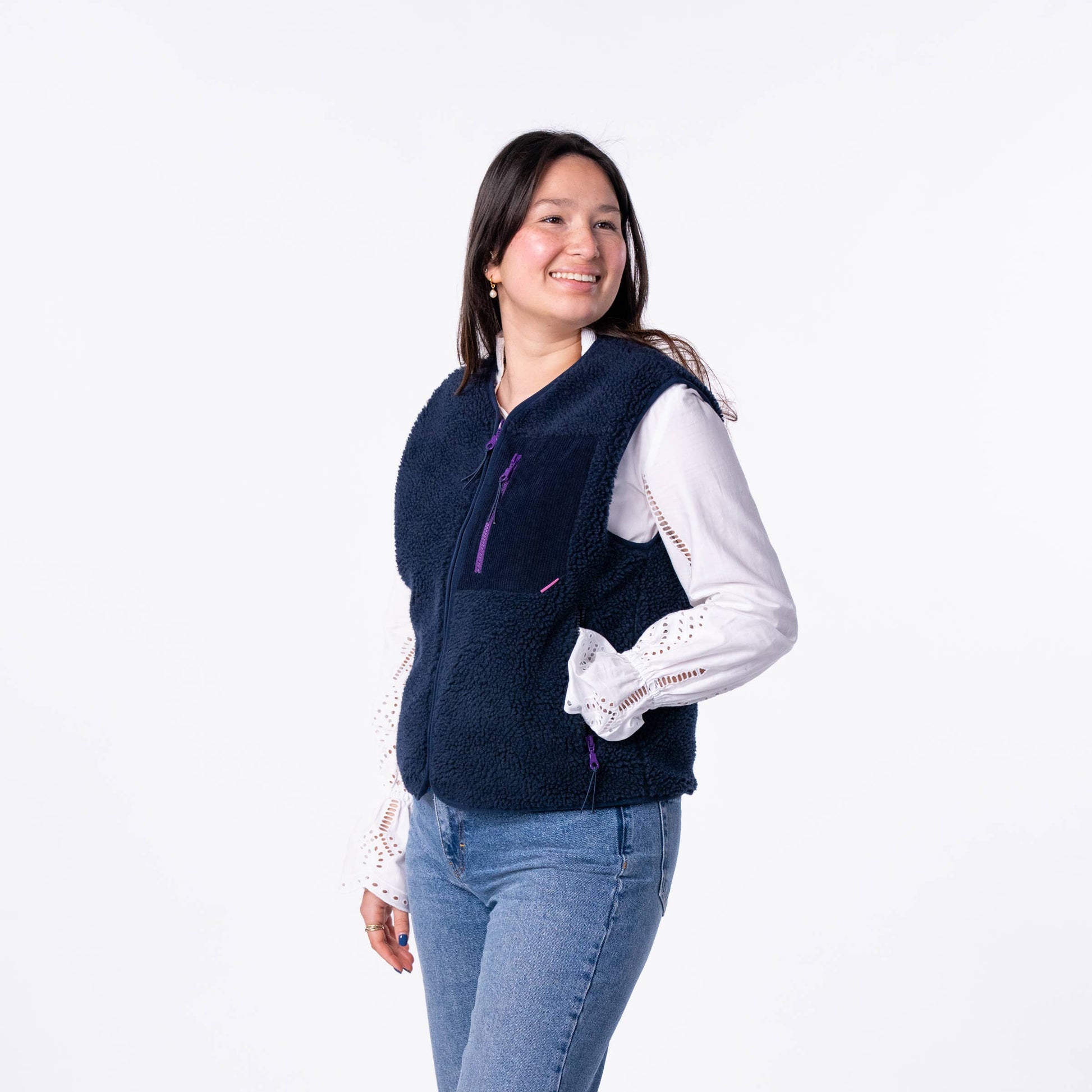 Gilet sherpa donna con zip blu navy