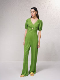 Tuta lunga a gamba larga con scollo a V e cut-out