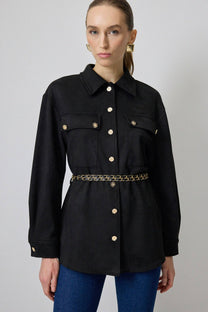 Giacca camicia effetto suede con cintura a catena