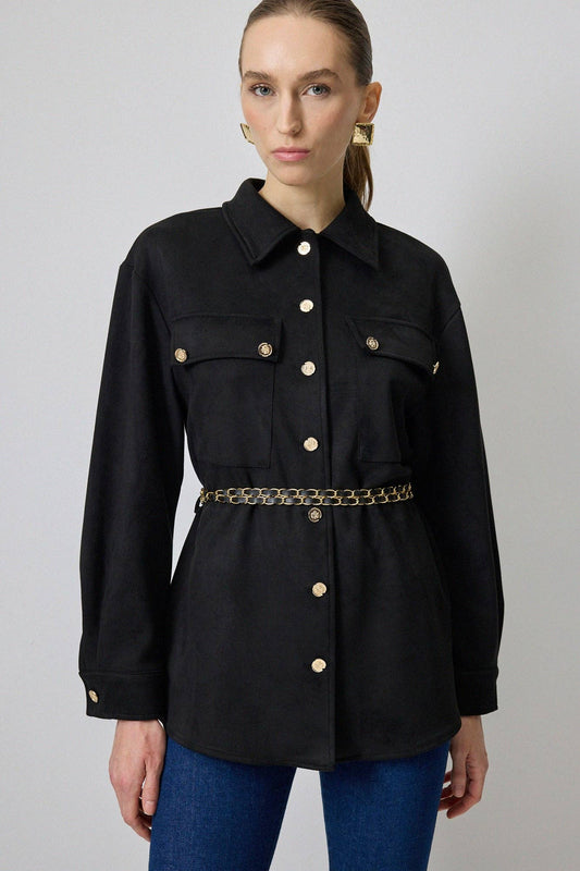 Giacca camicia effetto suede con cintura a catena