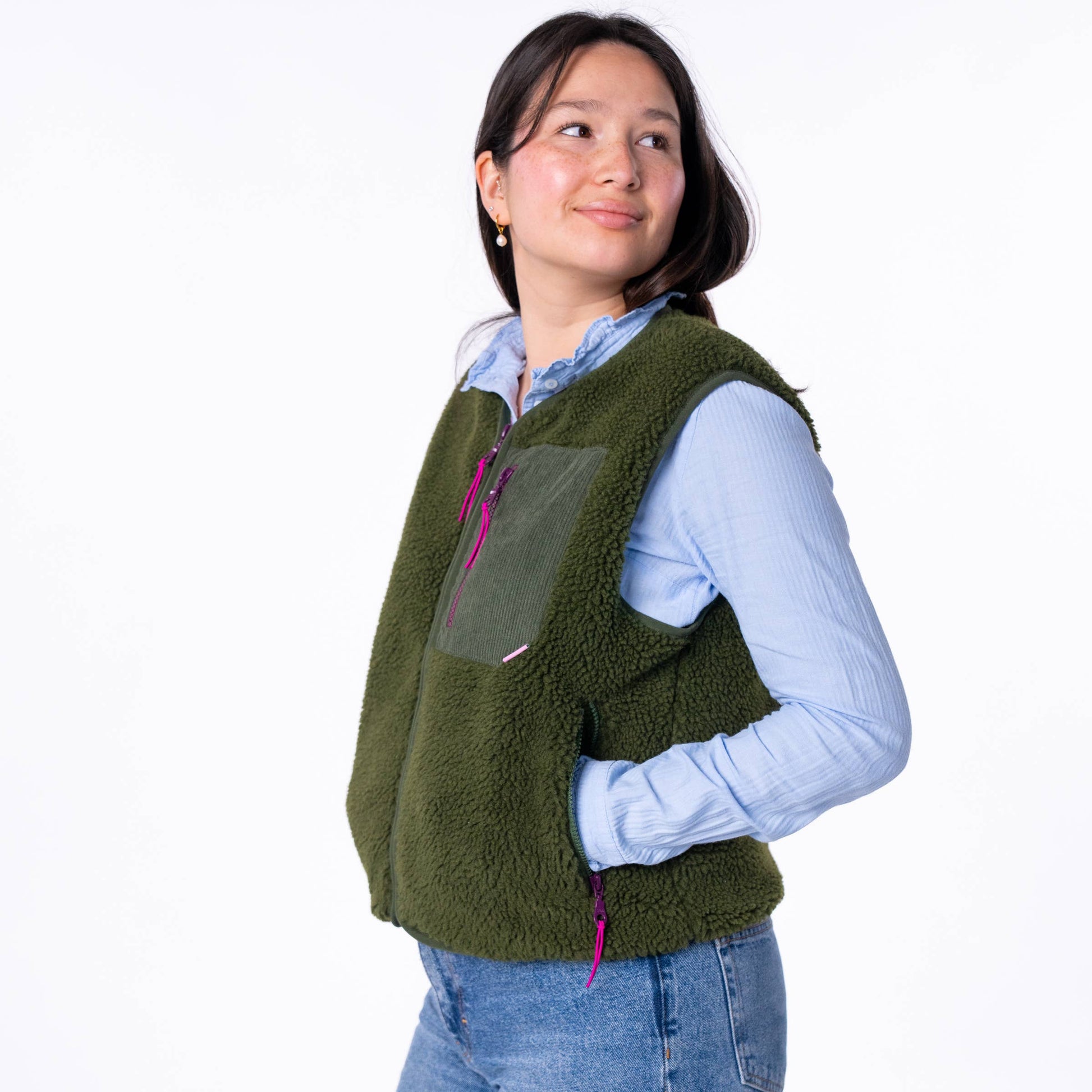 Gilet donna in sherpa con zip color kaki