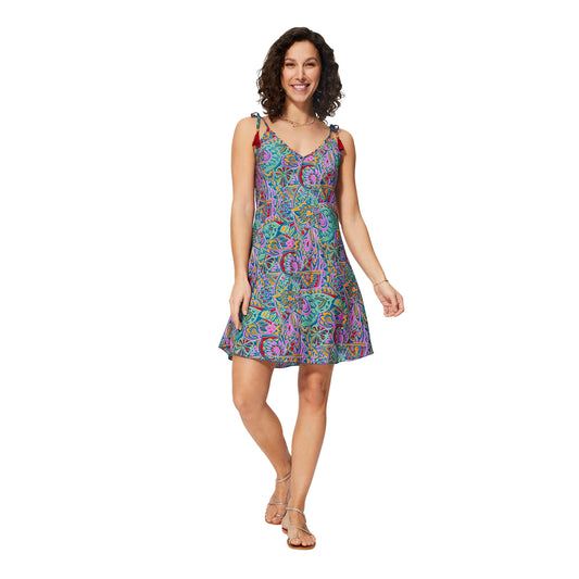Abito estivo corto boho senza maniche multicolor