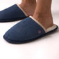 Pantofole in velluto a coste blu navy con interno in sherpa