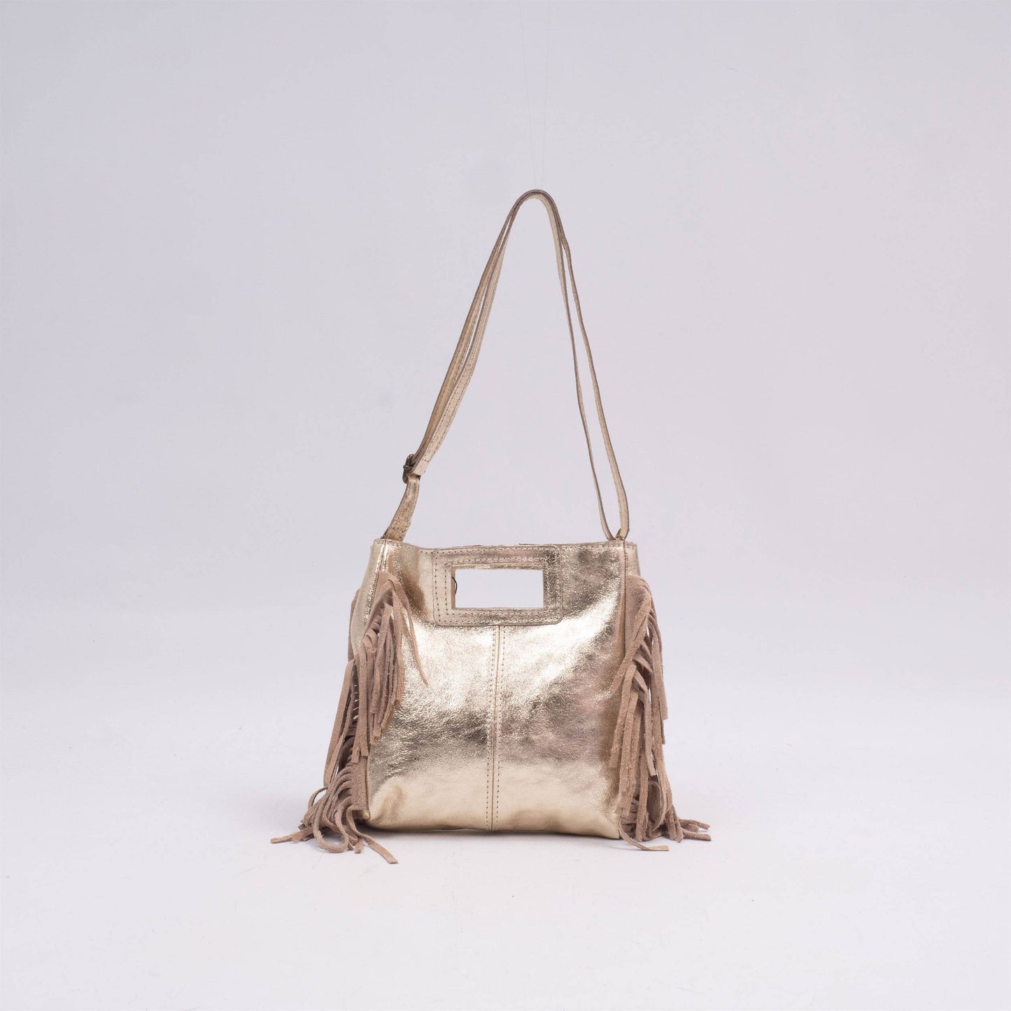 Borsa in pelle iridescente con frange