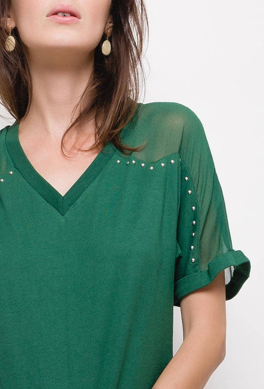 T-shirt Tea in cotone con scollo a V e borchie