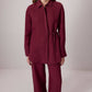 Completo in lino bordeaux con camicia con cintura e pantaloni wide-leg