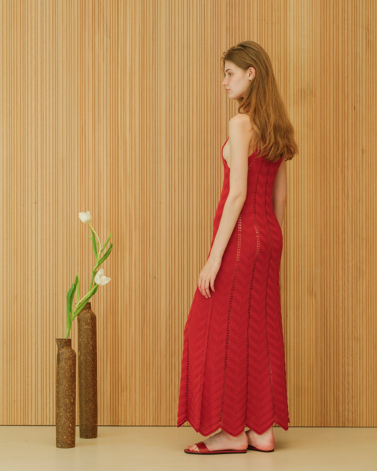 Abito lungo in cotone fine con dettaglio crochet a zig zag