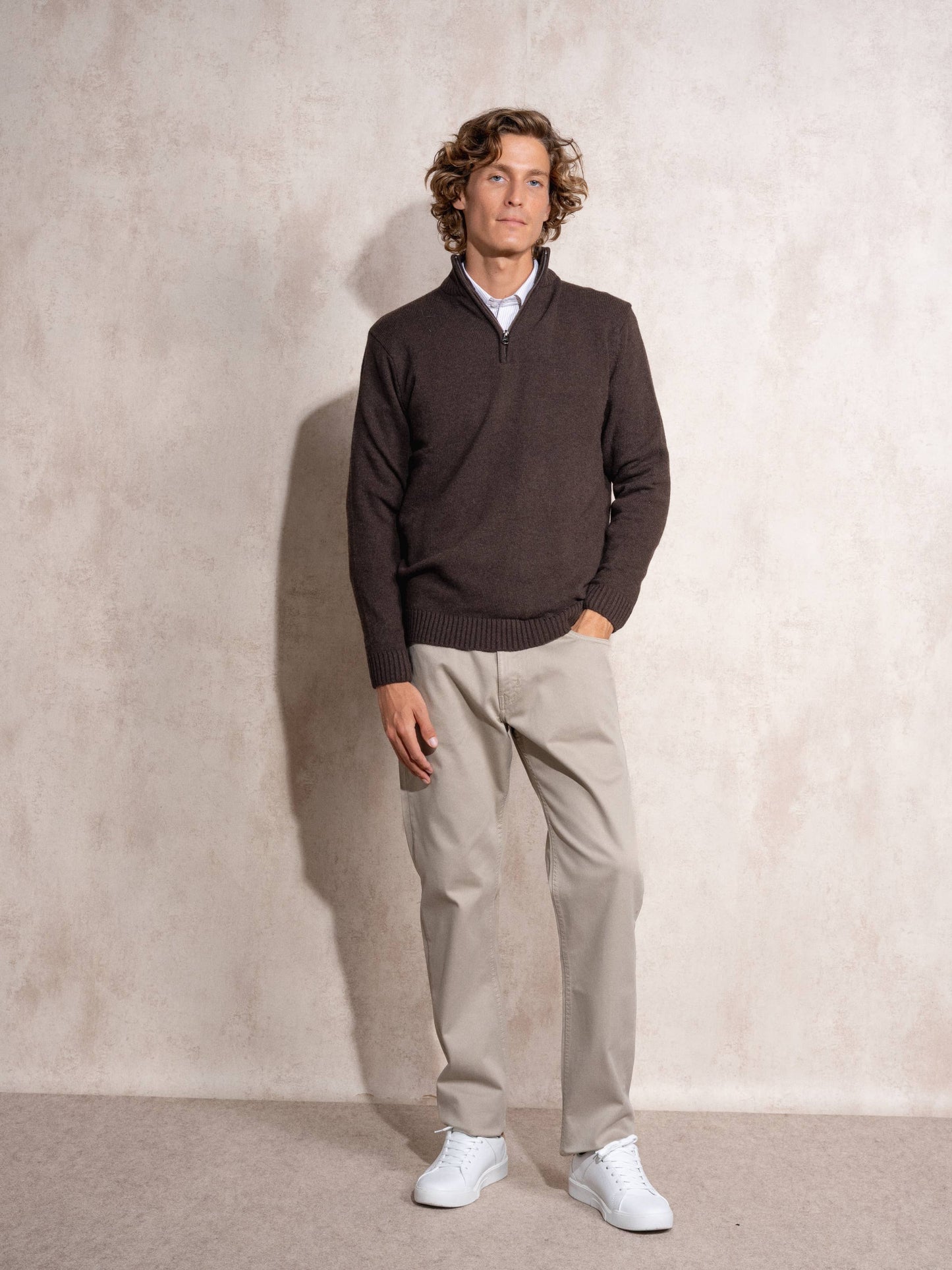 Maglione polo in cotone con mezza zip da uomo