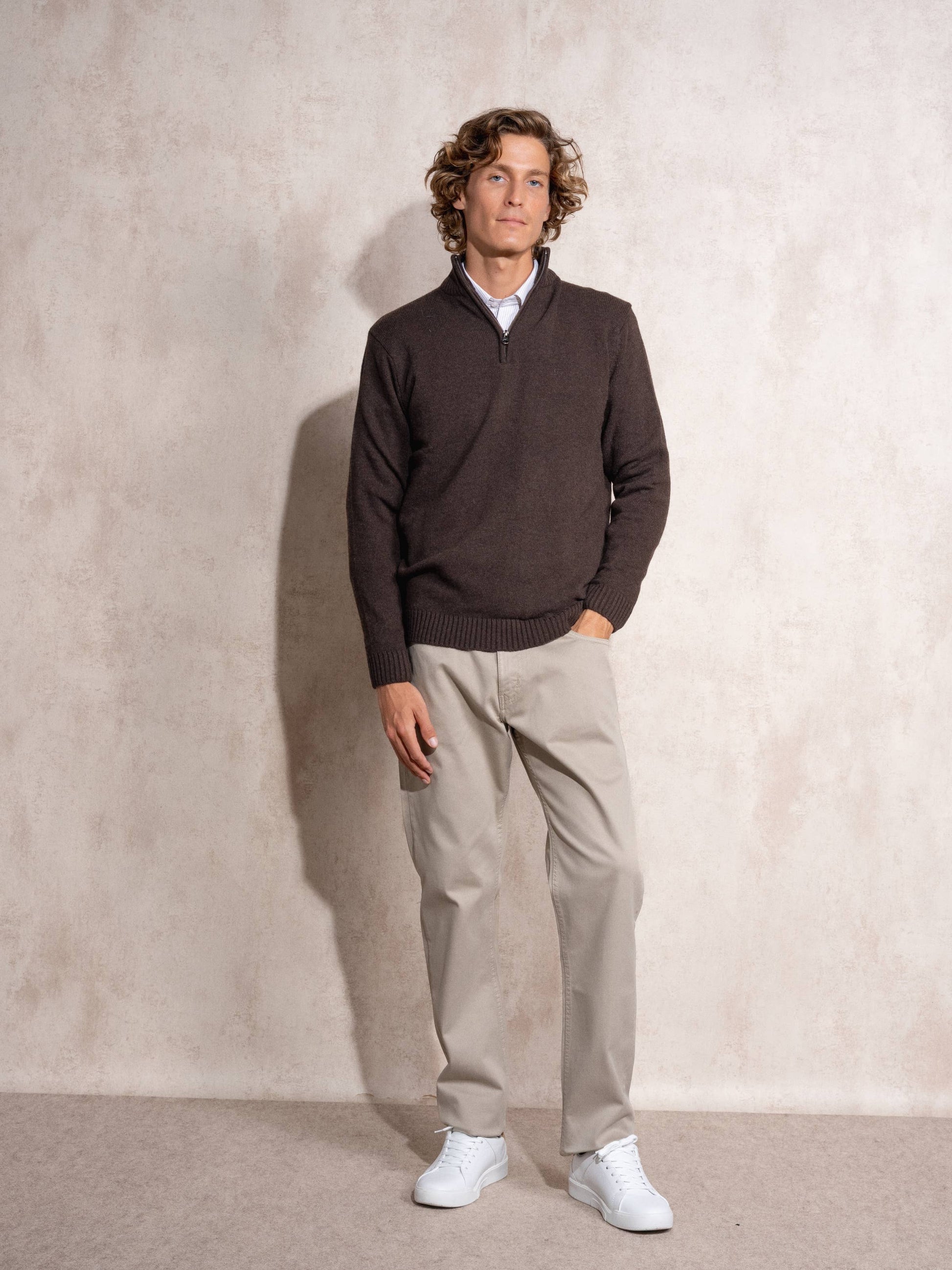 Maglione polo in cotone con mezza zip da uomo