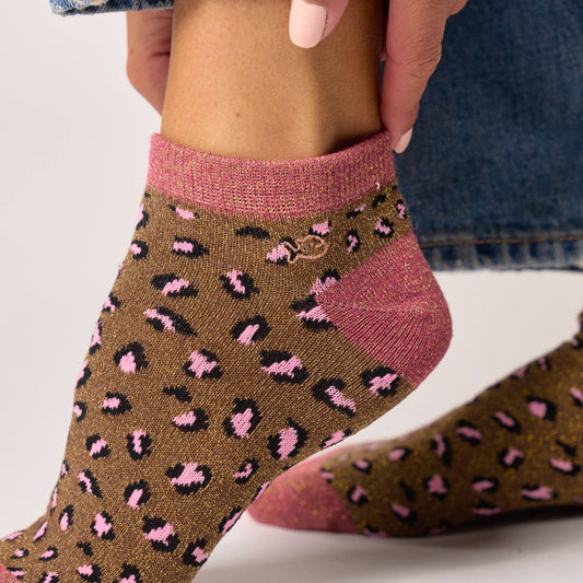 Calzini bassi glitterati leopardati in cotone pettinato marrone e rosa