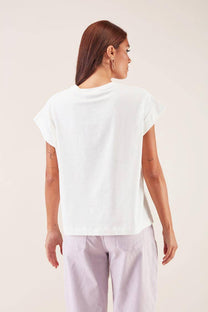 T-shirt bianca ricamata con fiori