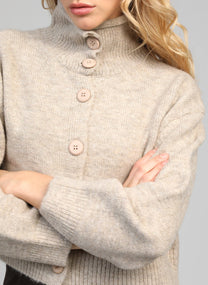 Gilet in maglia color talpa con collo alto e bottoni