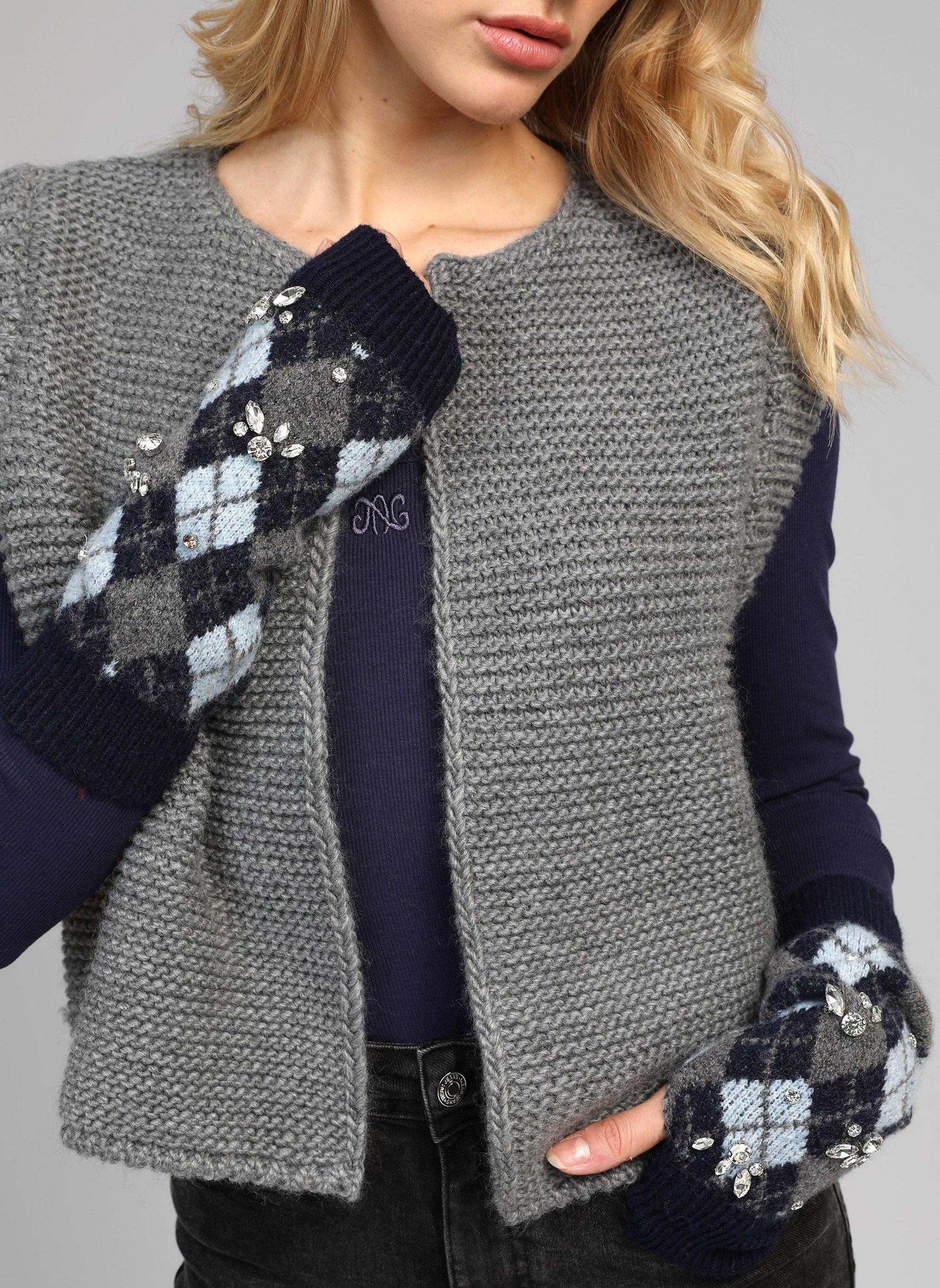 Guanti Fazina blu marino in cashmere con motivo a rombi