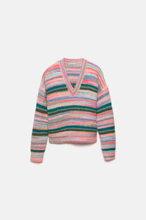 Maglione a righe in maglia con scollo a V