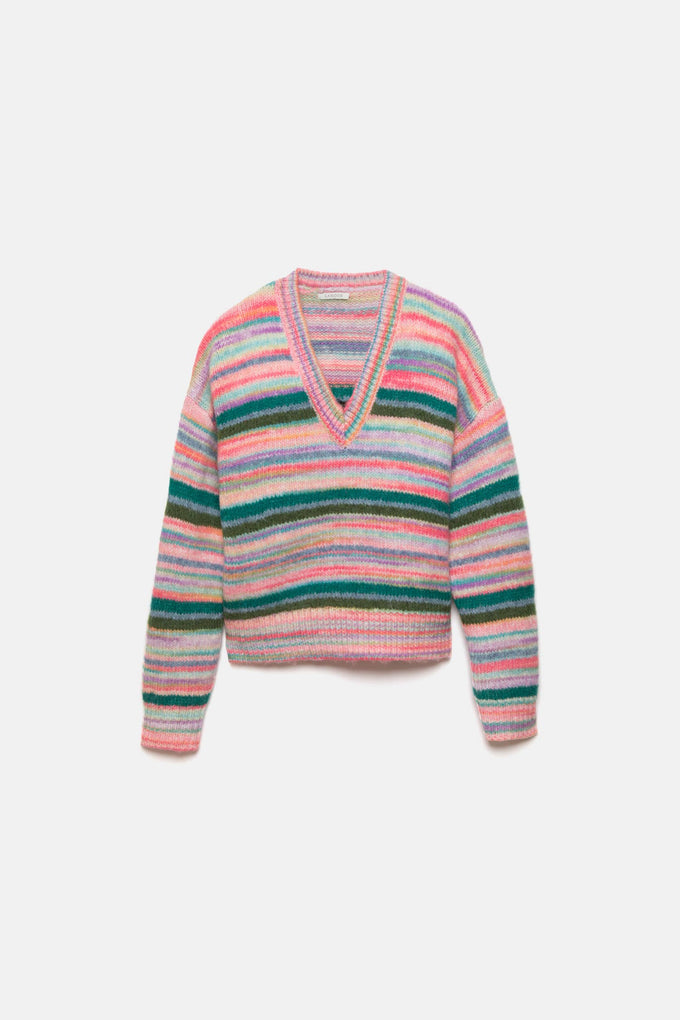 Maglione a righe in maglia con scollo a V