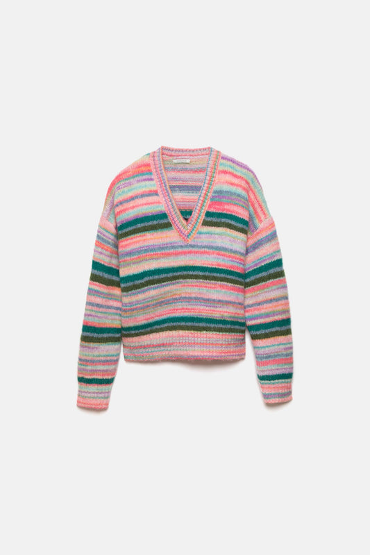 Maglione a righe in maglia con scollo a V