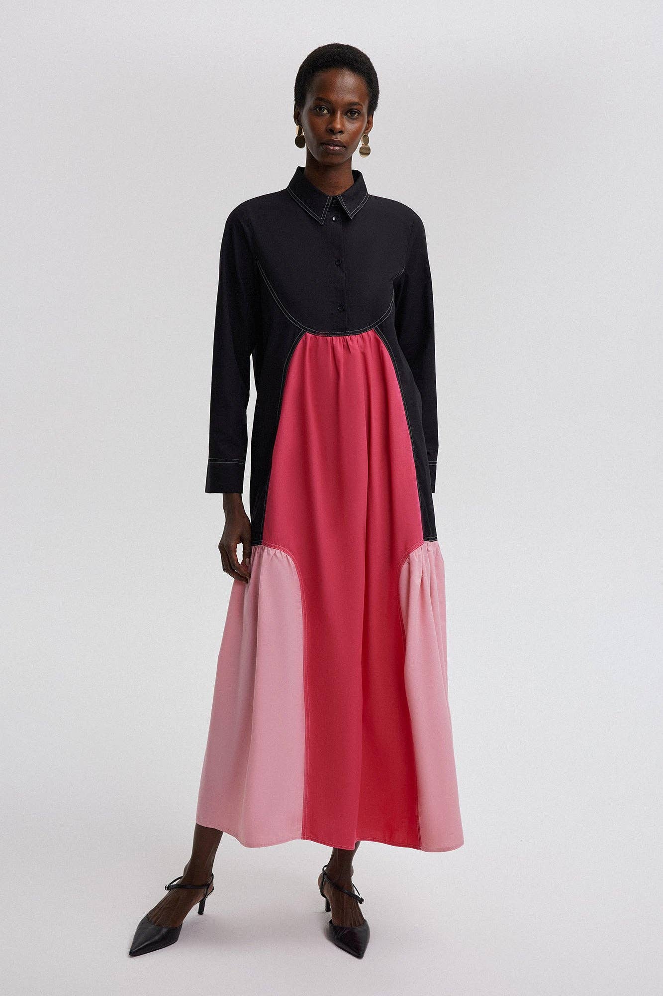 Abito maxi color block con colletto in misto cotone