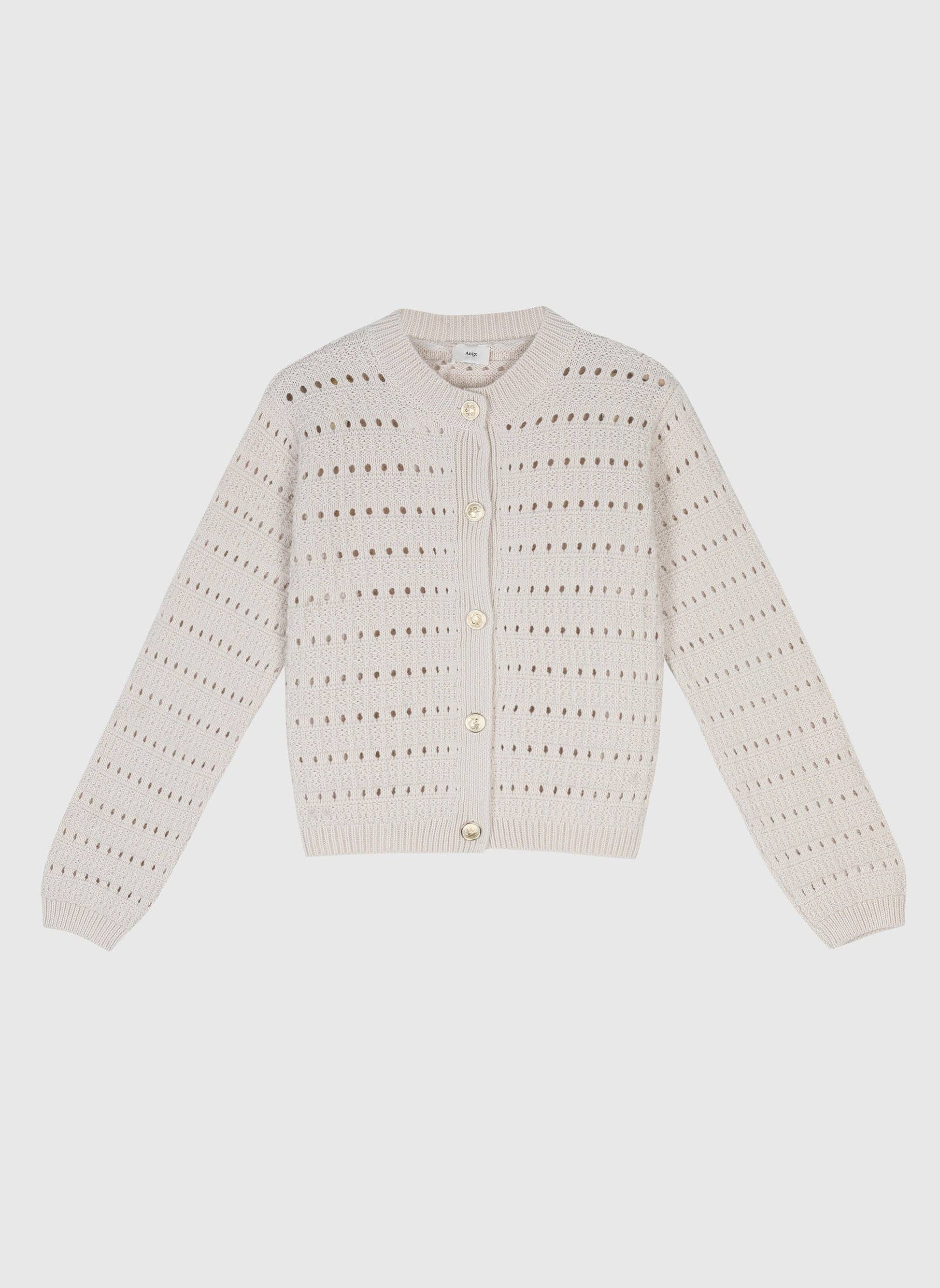 Cardigan in maglia traforata écru con bottoni dorati