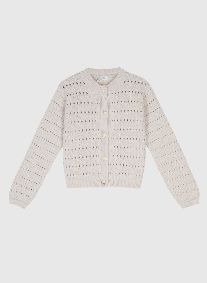 Cardigan in maglia traforata écru con bottoni dorati